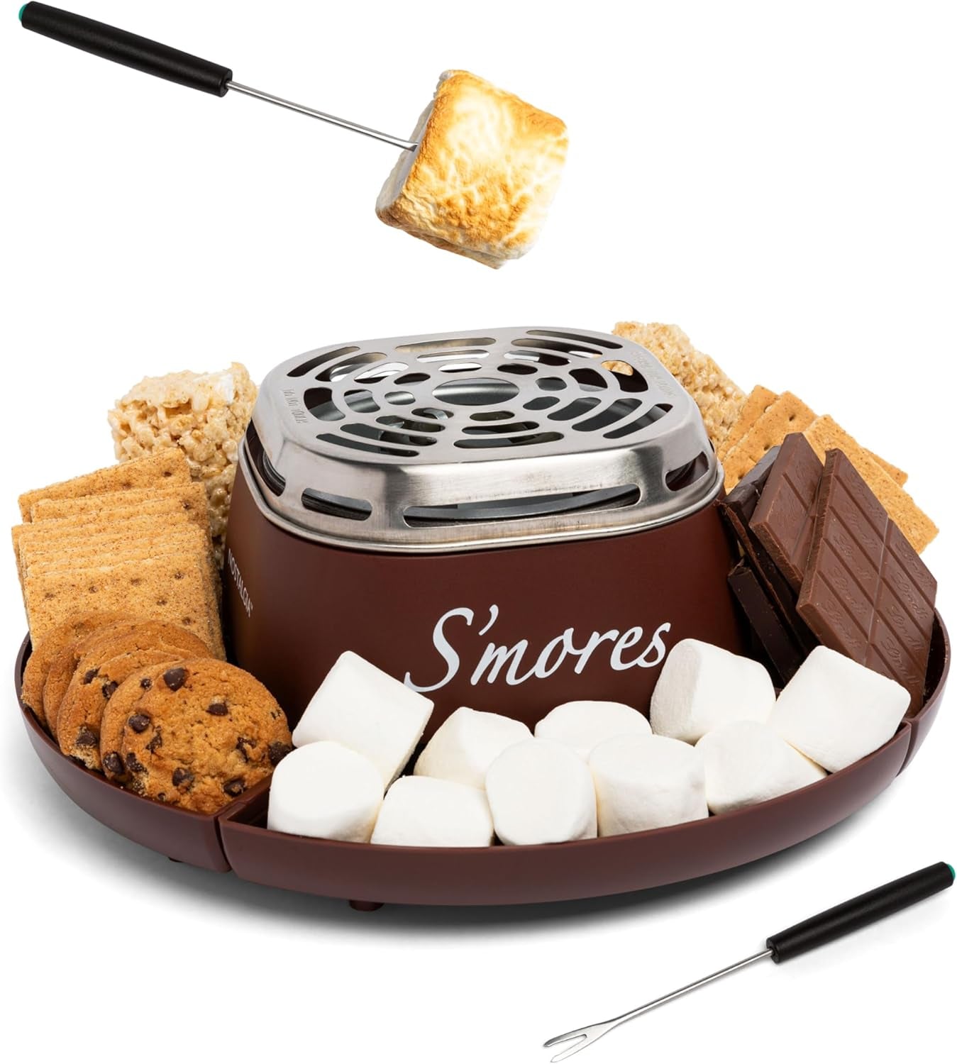 Nostalgia Tabletop Indoor Electric S'Mores Maker - Smores Kit with Marshmallow Roasting Sticks and 4 Trays for Graham Crackers, Chocolate, and Marshmallows - Movie Night Supplies - Brown