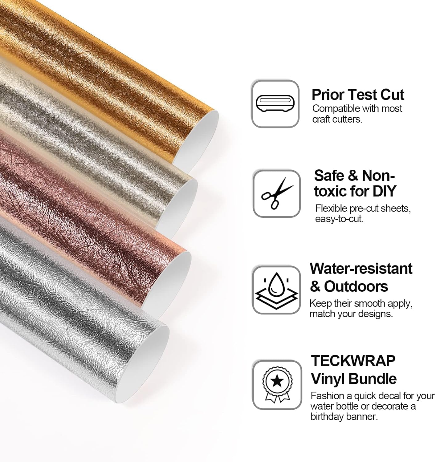 Metallic Permanent Vinyl Bundle – Textured Adhesive Foil Vinyl for Cricut & Craft Cutters, 12" X 36" Rolls (Silver, Gold, Champagne Gold, Rose Gold)