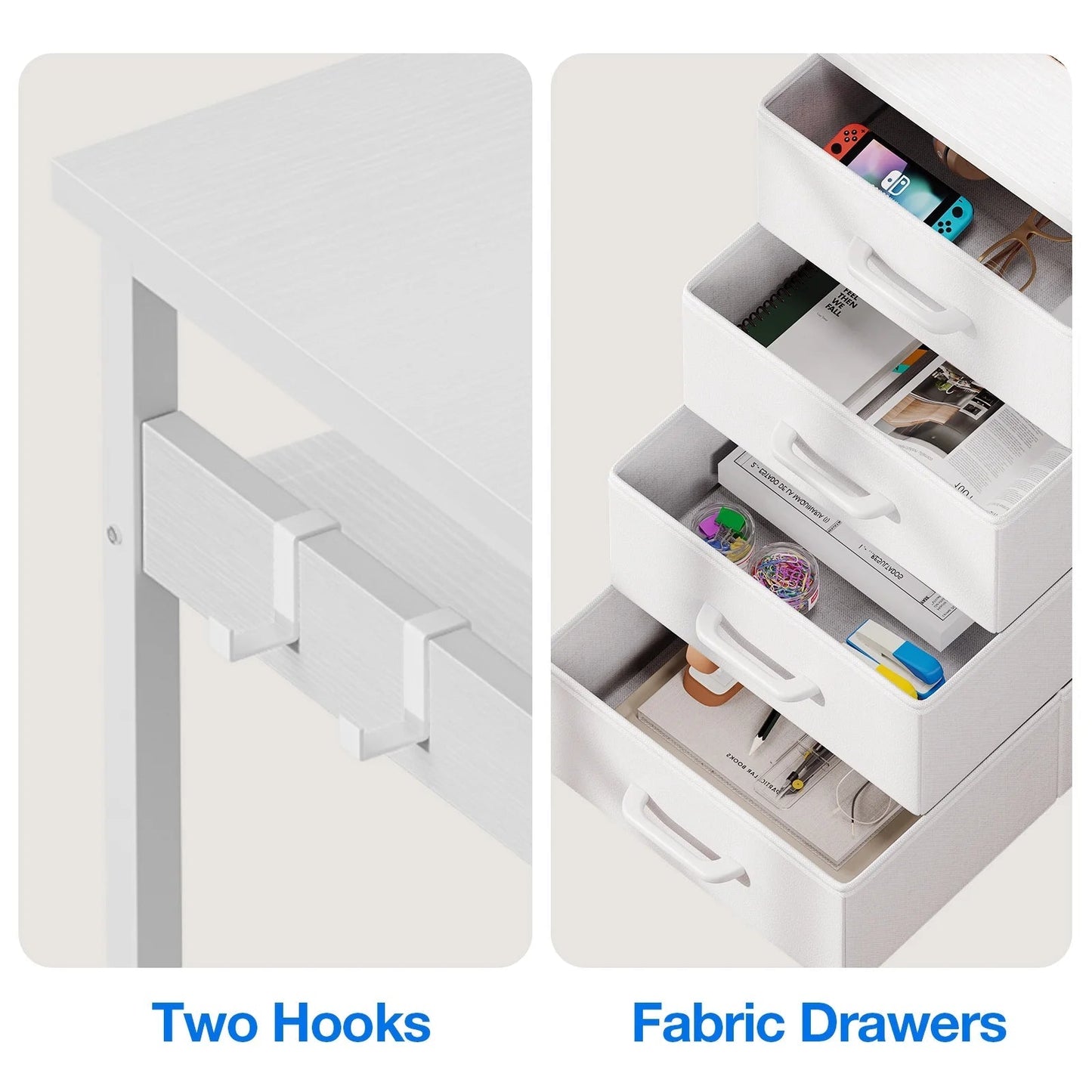 Reversible Modern Simple Style L Shaped Desk with Charging Station and Drawers, Pure White