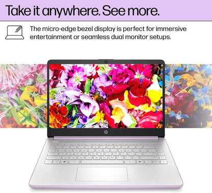 HP 14" Laptop Computer for 2026 Student Business Productivity, MS Office & Win 11 Pro, Copilot AI, Intel 4-Core CPU, 4GB DDR5 RAM, 628GB Storage (128GB UFS+500GB Ext), Wi-Fi 6, Hubxceladdon, Lavender