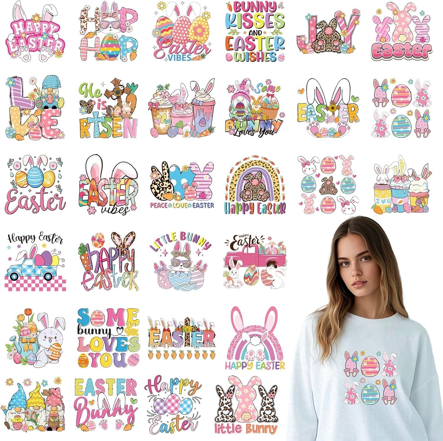 Dtf Transfers Ready to Press - 30Pcs Happy Easter Iron on Transfer for Tshirts, Easter Bunny Eggs Gnomes Iron on Decals Patches, Easter’S Day Heat Sublimation Stickers for DIY Clothes Bags