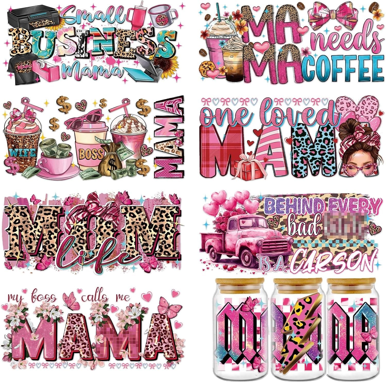 Mama UVDTF Cup Wrap - 8 Sheets Mom UV DTF Wraps for 16 Oz, Leopard Print UV DTF Stickers for Water Botters Glass Cups, Pink Coffee Bow Rub on Transfer Decals for Women