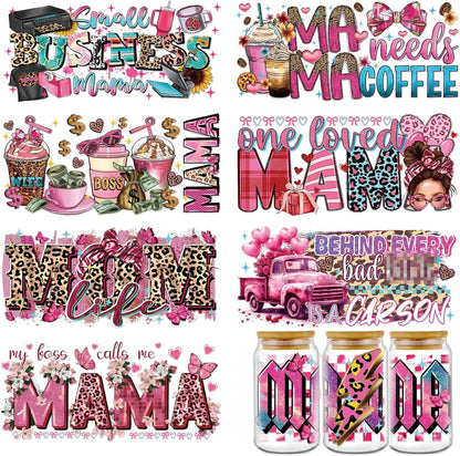 Mama UVDTF Cup Wrap - 8 Sheets Mom UV DTF Wraps for 16 Oz, Leopard Print UV DTF Stickers for Water Botters Glass Cups, Pink Coffee Bow Rub on Transfer Decals for Women