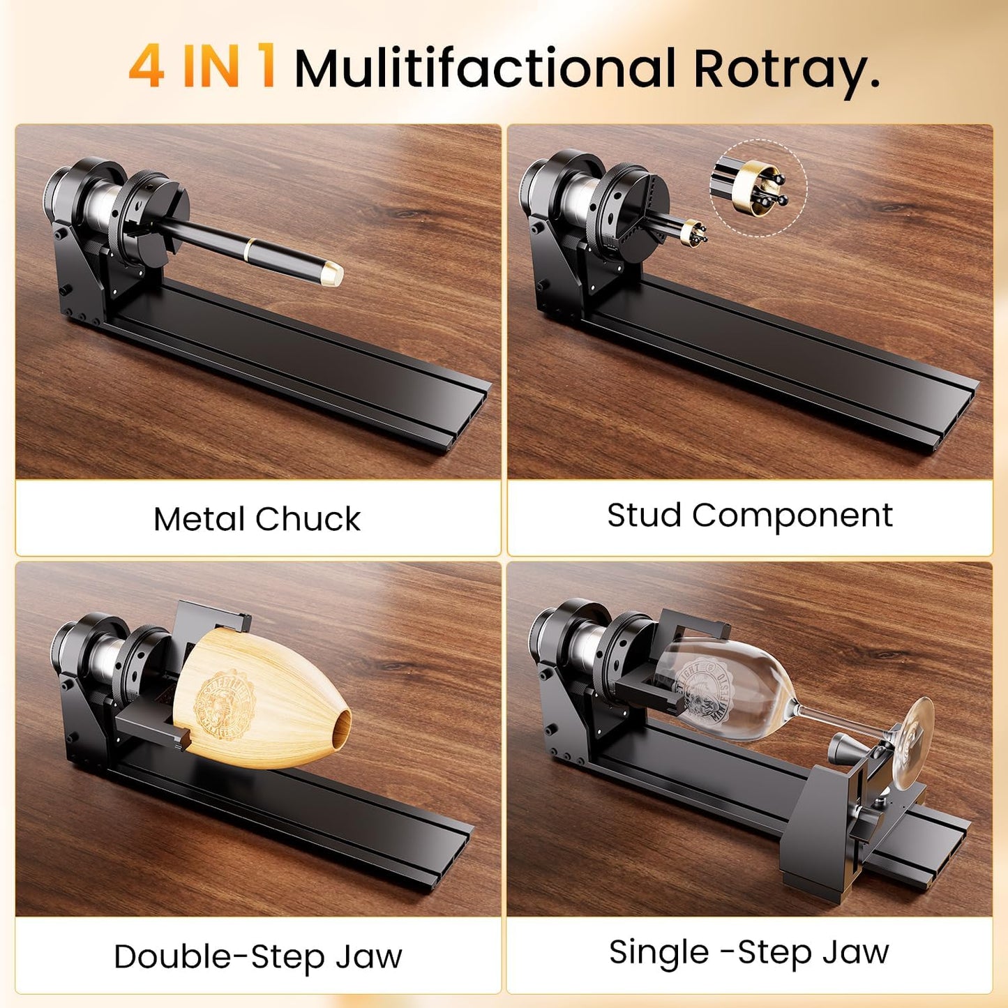 Longer Chuck Rotary Roller Is Ideal for Engraving Cylindrical, Wine Glass, and Irregular Objects. Y-Axis 360° Rotation, Compatible with Ray5, Ray5 Mini, B1, and Most Other Frame-Style Laser Engravers.