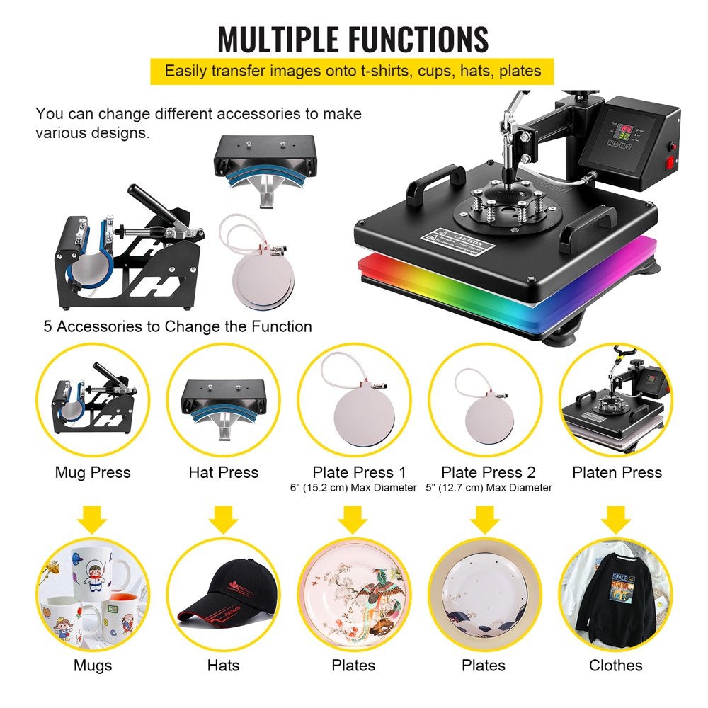 brand Heat Press 15X15 Inch 5 in 1 Heat Press Machine Digital Multifunctional Sublimation T-Shirt Heat Press Machine for T Shirts Hat Mug Cap Plate