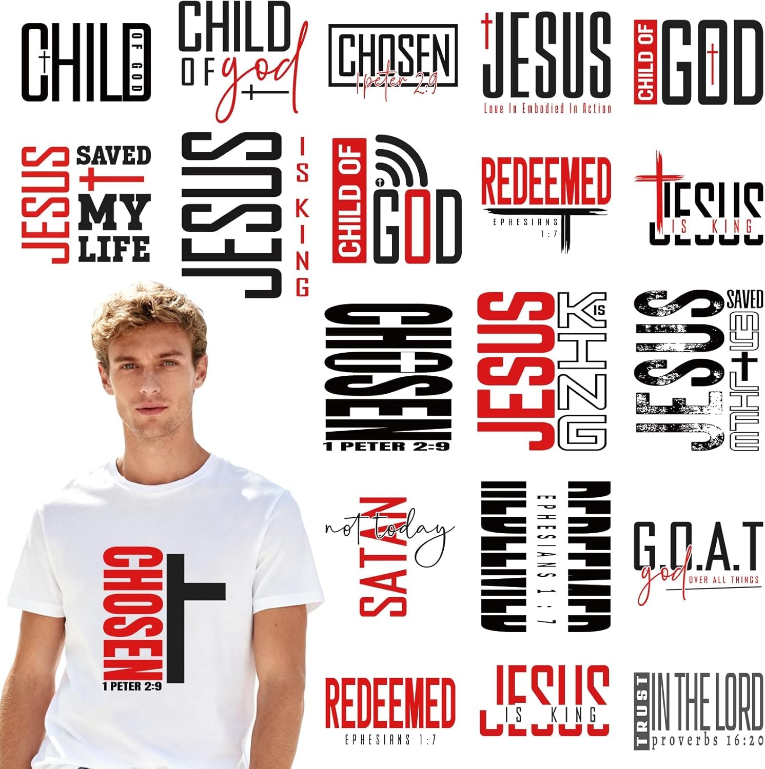 Dazoratix Christian Iron on Transfers - 20 Sheets Jesus Bible Verse DTF Ready to Press Heat Patches Religious Faith Vinyl Stickers Decals for Men T Shirts Clothes Pillow Bag Hat Appliques DIY Crafts