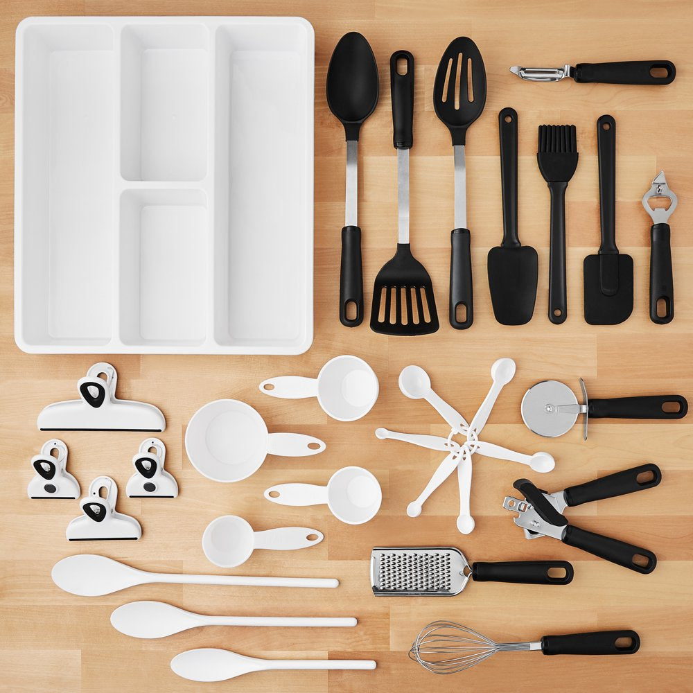 30-Piece Kitchen Gadget Set with Cooking Utensils, Measuring Cups, Clips, and Drawer Organizer, Black/White