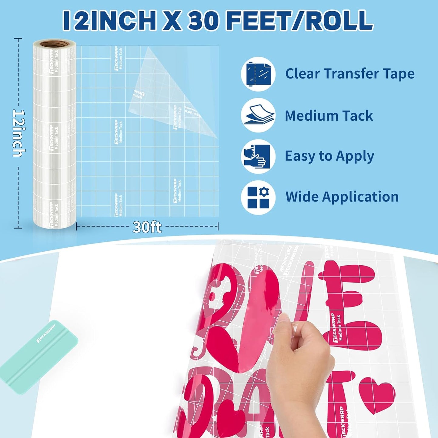 Clear Transfer Tape for Vinyl 12" X 30FT – Grid Alignment Transfer Tape for Permanent Vinyl, Printable HTV, Heat Transfer Mask, Iron-On Vinyl, Decals, Signs, Stickers, Craft Projects