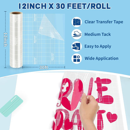 Clear Transfer Tape for Vinyl 12" X 30FT – Grid Alignment Transfer Tape for Permanent Vinyl, Printable HTV, Heat Transfer Mask, Iron-On Vinyl, Decals, Signs, Stickers, Craft Projects