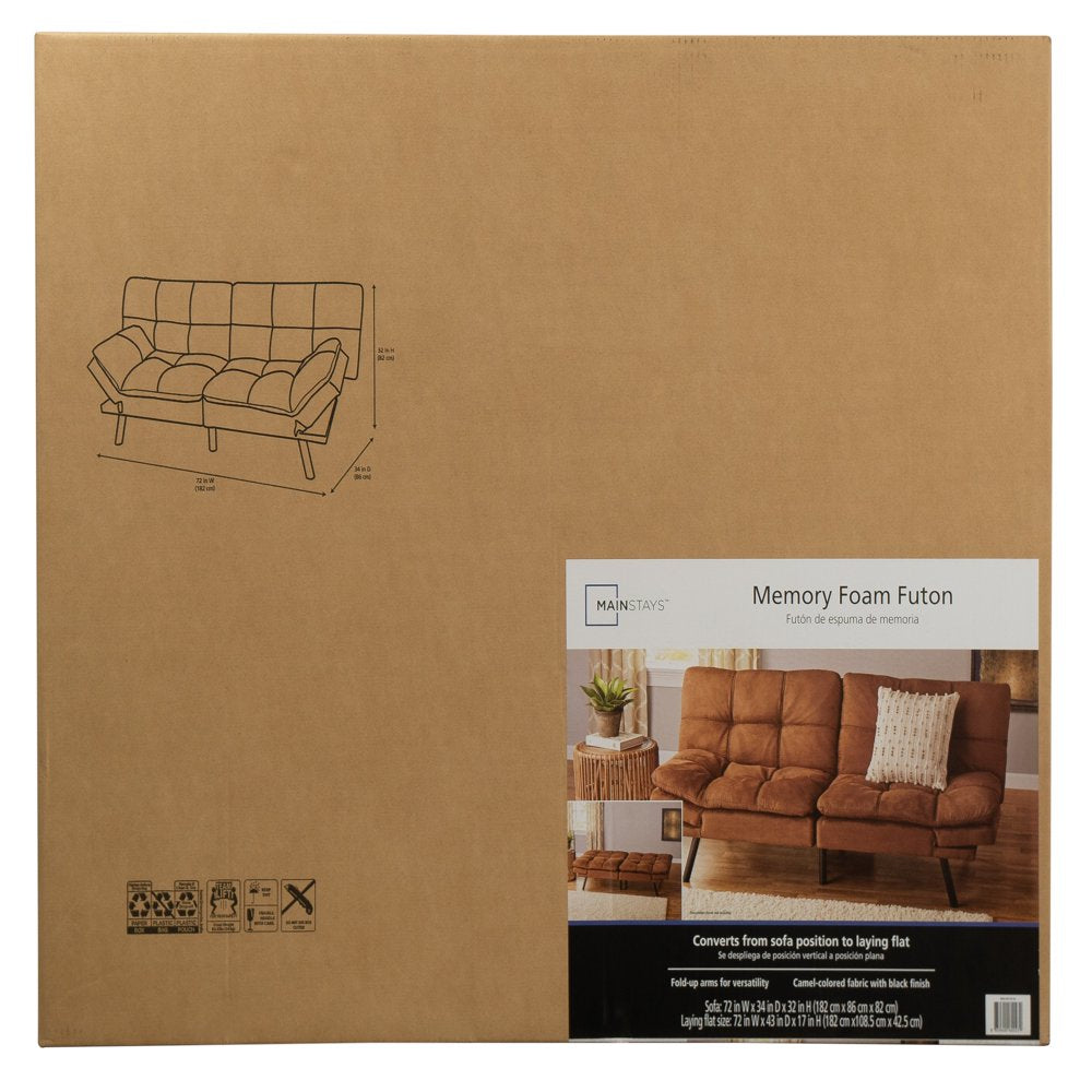 Memory Foam Futon with Adjustable Armrests , Camel Faux Suede Fabric for Adults