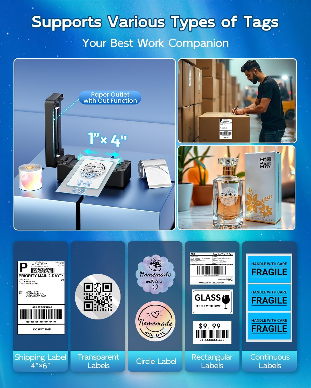 Bluetooth Thermal Shipping Label Printer, 4X6 Thermal Label Printer for Small Business, 2410BT Wireless Label Printers Compatible with Ios Android Phone&Pad&Pc, Widely Used for Ebay, USPS, Fedex, Etc