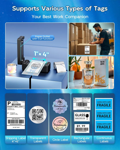 Bluetooth Thermal Shipping Label Printer, 4X6 Thermal Label Printer for Small Business, 2410BT Wireless Label Printers Compatible with Ios Android Phone&Pad&Pc, Widely Used for Ebay, USPS, Fedex, Etc