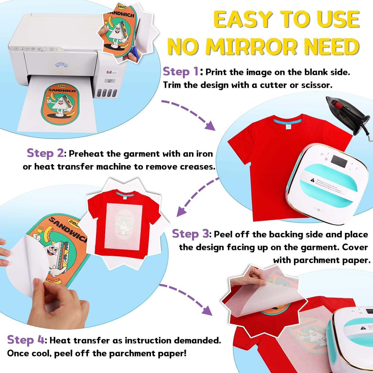 Heat Transfer Paper for Dark T Shirts -50 Pack 8.5X11" Iron on Transfer Paper for Inkjet Printer, Easy to Use Printable Heat Transfer Vinyl, Vibrant Color, Durable & Soft