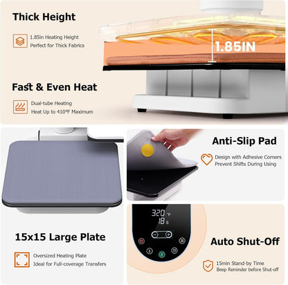 AKEYDIY 15X15 Heat Press, Dual Auto Heat Press Machine for T-Shirts, 360° Swing Away Heat Press with Auto Press Release for Sublimation Pillows, Canvas Bags, Puzzles, Coasters (15X15 White)