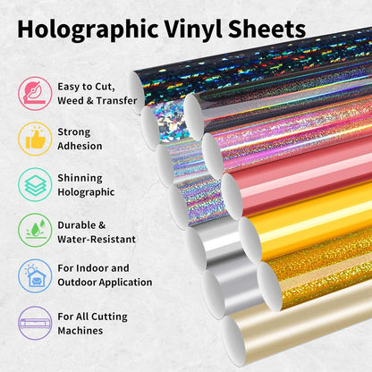 Holographic Permanent Vinyl Bundle, 12" X 10" 12 Sheets Rose Gold, Gold and Silver Permanent Adhesive Vinyl for DIY Sticker, Home and Car Decor,