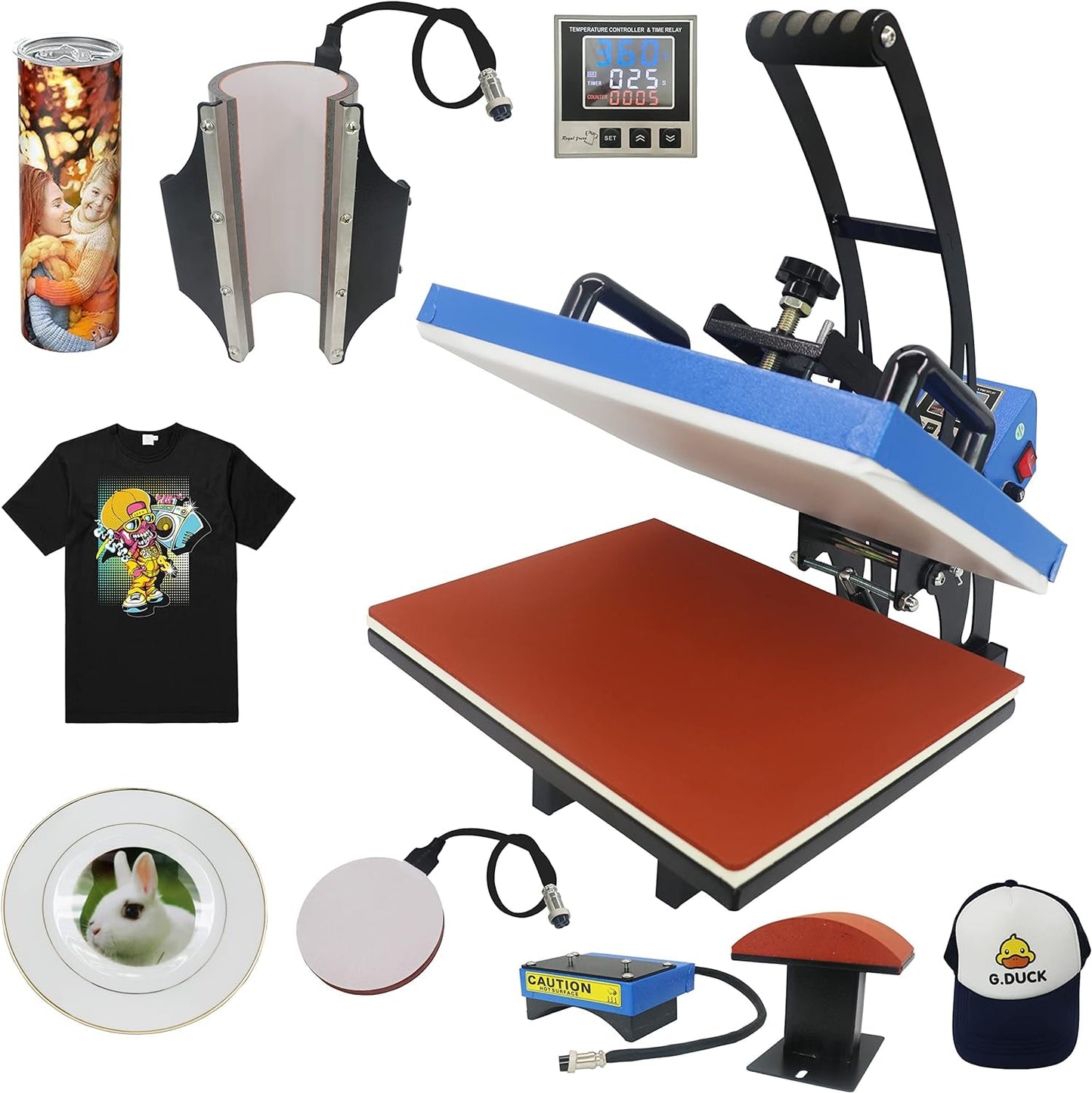 Royalpress 4 in 1 Heat Press 12" X 15" Color LED 30OZ Mug Professional Sublimation Heat Transfer Multifunction Combo Heat Press Machine Hat/Mug/Plate/Cap/T-Shirt Blue (12"X15" 4 in 1)