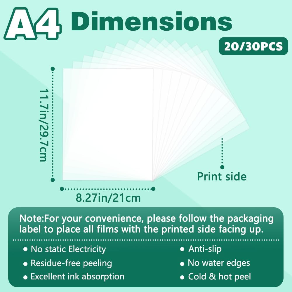 30 Sheets DTF Transfer Film A4 (8.3' X 11.7') Double-Sided Matte | PET Heat Transfer Paper, Cold and Hot Peel, Suitable for DTF Inkjet Printer, Direct Printing on T-Shirt and Fabrics