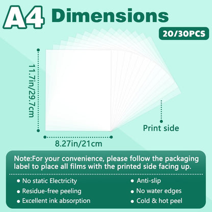 30 Sheets DTF Transfer Film A4 (8.3' X 11.7') Double-Sided Matte | PET Heat Transfer Paper, Cold and Hot Peel, Suitable for DTF Inkjet Printer, Direct Printing on T-Shirt and Fabrics