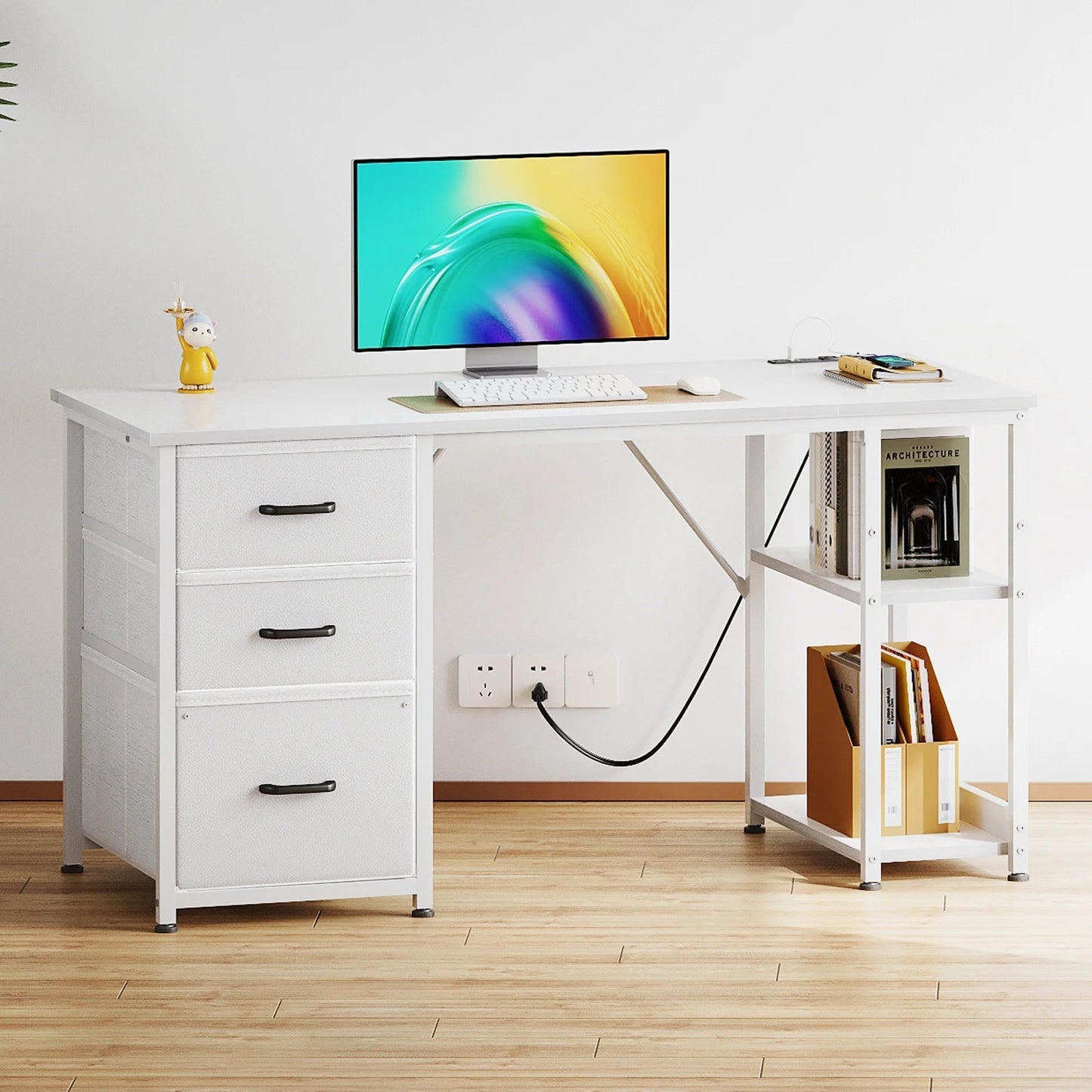 51 Inch Computer Desk with File Drawers & USB Power Outlets- Reversible Home Office Desk with Storage Shelves, Work from Home, Writing Table for Bedroom, White