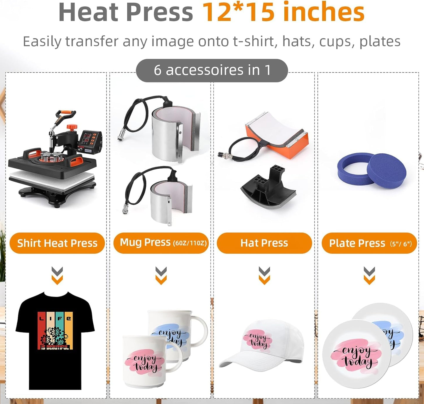 Heat Press Machine, 12 X 15 Inch, 6 in 1 Heat Press, 800W Sublimation Machine, 360° Rotation Swing-Away Heat Press, Dual-Tube Heating Printing for DIY T-Shirts Cap Mugs