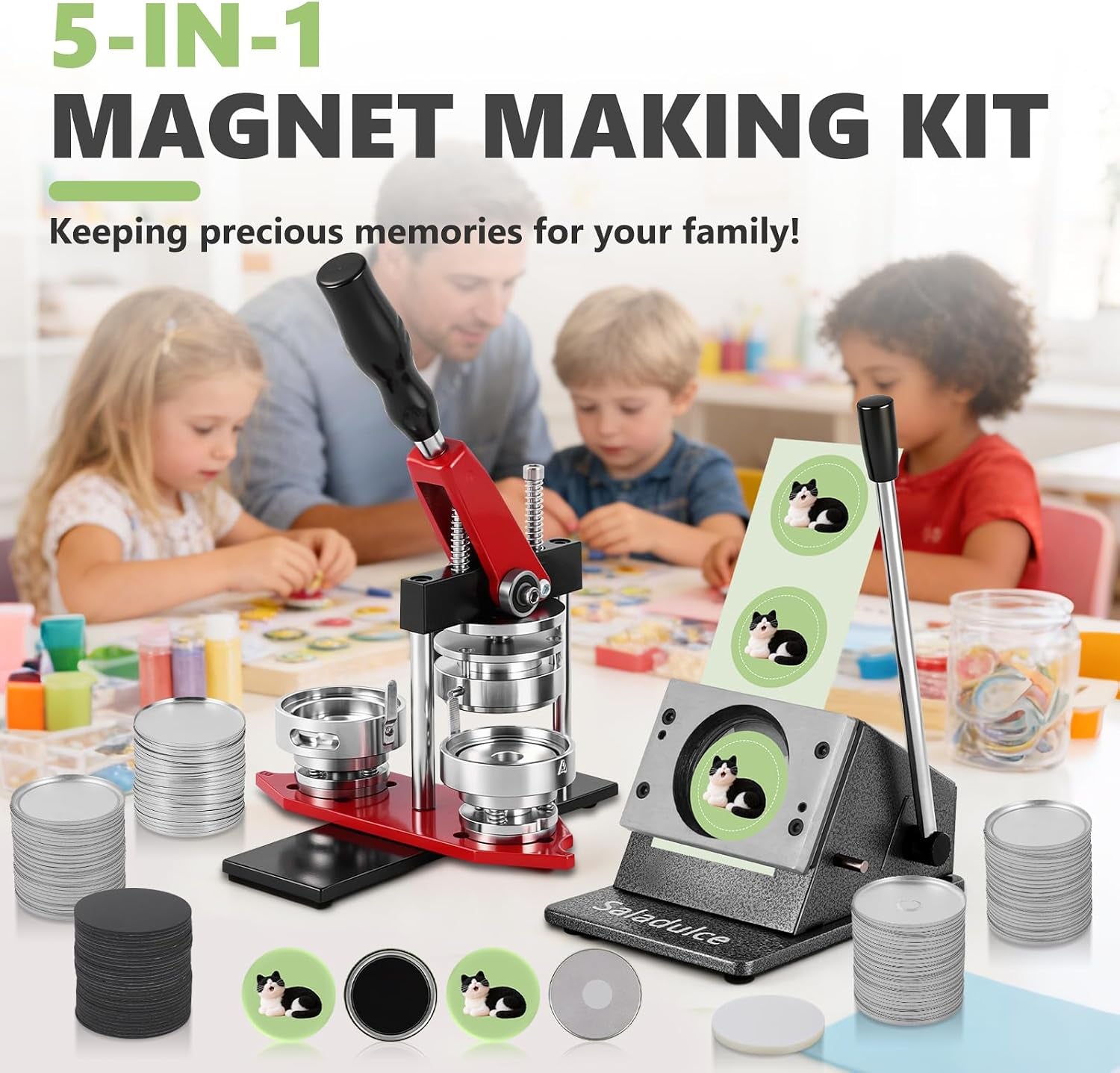 2.28" round Fridge Magnet Button Maker Kit 5-In-1 Magnet Badge Maker Machine 58Mm Button Magnet Maker Press Kit with Paper Cutter& 200 Sets Magnets Supplies