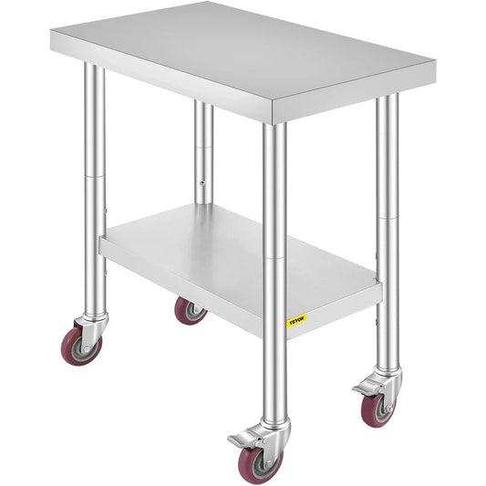 brand 30 X 18 X 34 Inch Stainless Steel Work Table 3-Stage Adjustable Shelf with 4 Wheels Heavy Duty Commercial Food Prep Work Table with Brake for Kitchen Prep Work