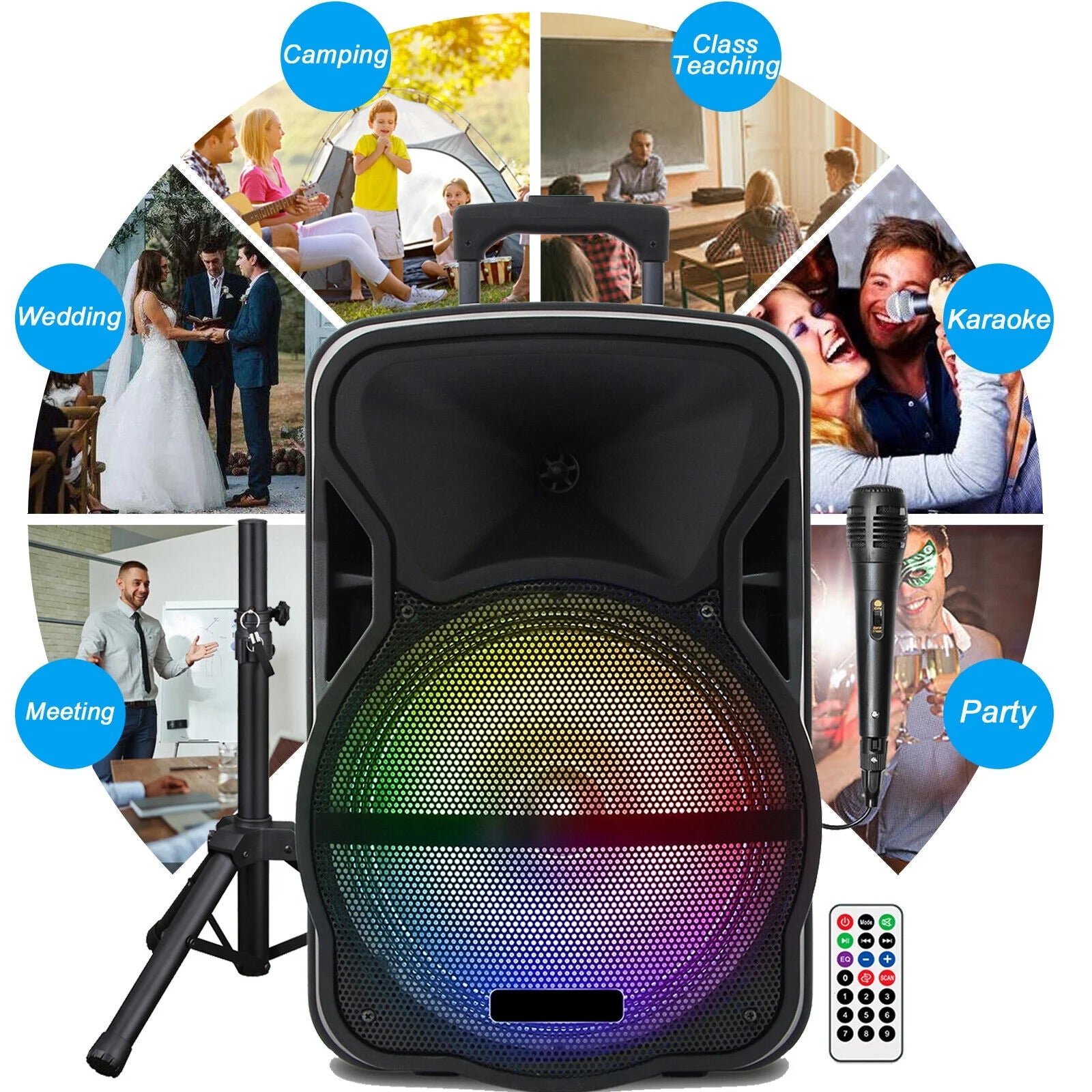 3000W Portable Bluetooth Speaker with Stand 12" Subwoofer Sound Party PA System Mic LED 16LBS