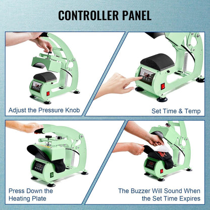 Heat Press Machine for Hats with 2Pcs Interchangeable Heating Platens(5.5"X3.8", 5"X3.4"), Curved Element Press Clamshell, LCD Digital Timer Temperature Control for HTV and Sublimation-Green