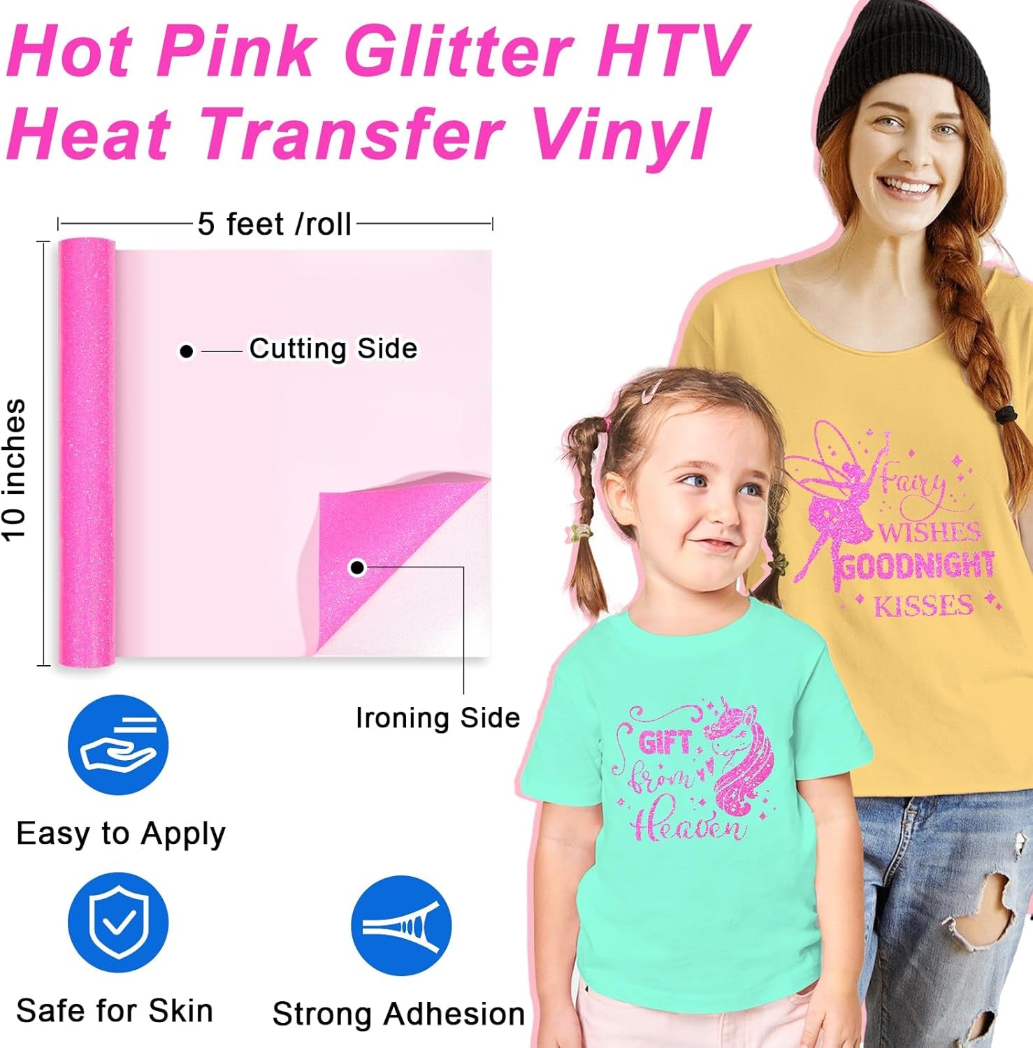 Glitter Heat Transfer Vinyl for T-Shirts Hot Pink Glitter Iron on Vinyl HTV - 10" X 5Ft Easy to Cut & Weed for All Cutter Machine (Neon Pink)