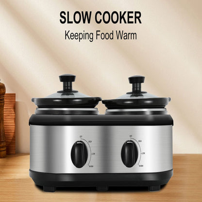 Dual Pot Slow Cooker 2X1.25 Qt Food Warmer with Adjustable Temp Slow Cooker Buffet Server Stainless Steel