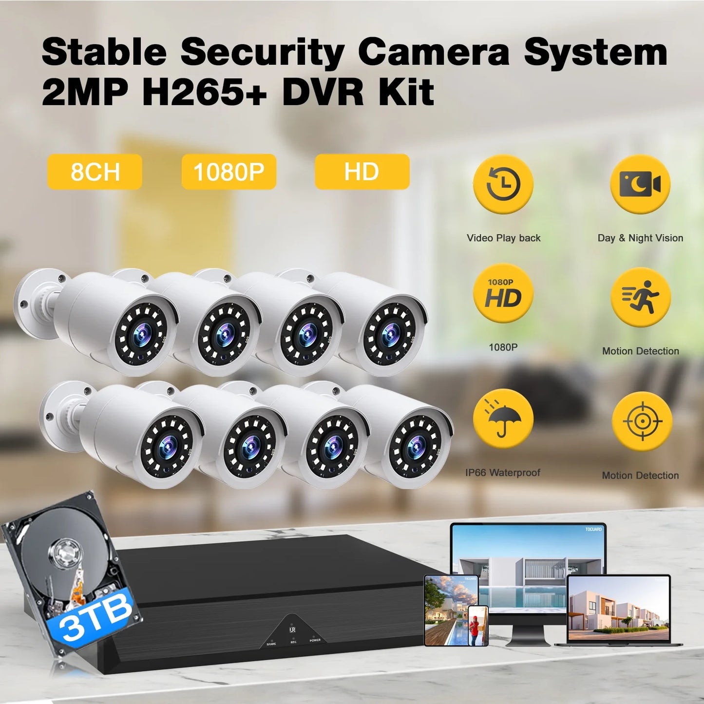 SC35 8CH CCTV Security Camera System Outdoor with 3TB Hard Drive 8Pcs Wired 1080P Bullet Surveillance Cameras HDMI Connector