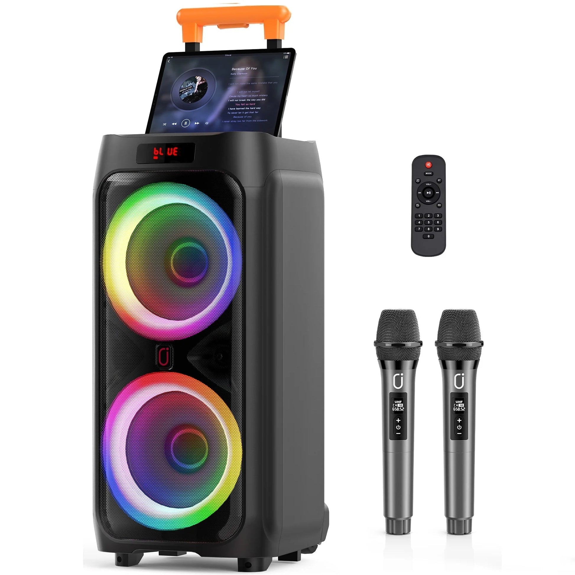 Large Party Speaker, Bluetooth Speaker with Wheels, Trolley Bar, LED Party Light, 2 Microphones