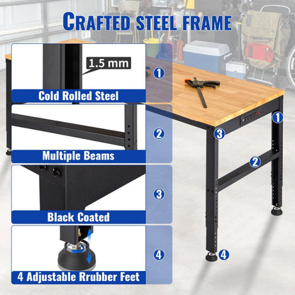 Workbench Adjustable Height, 61"L X 20"W X 36"H Garage Table W/ 27.1" - 36" Heights & 2000 Lbs Load Capacity, with Power Outlets & Hardwood Top & Metal Frame & Foot Pads, for Office Home