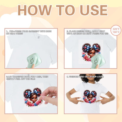 20 Pcs 7 Inch Vinyl DTF Heat Transfers for Shirts with Afro Girl and Floral Heart Designs for DIY Apparel Crafting and Gift Projects