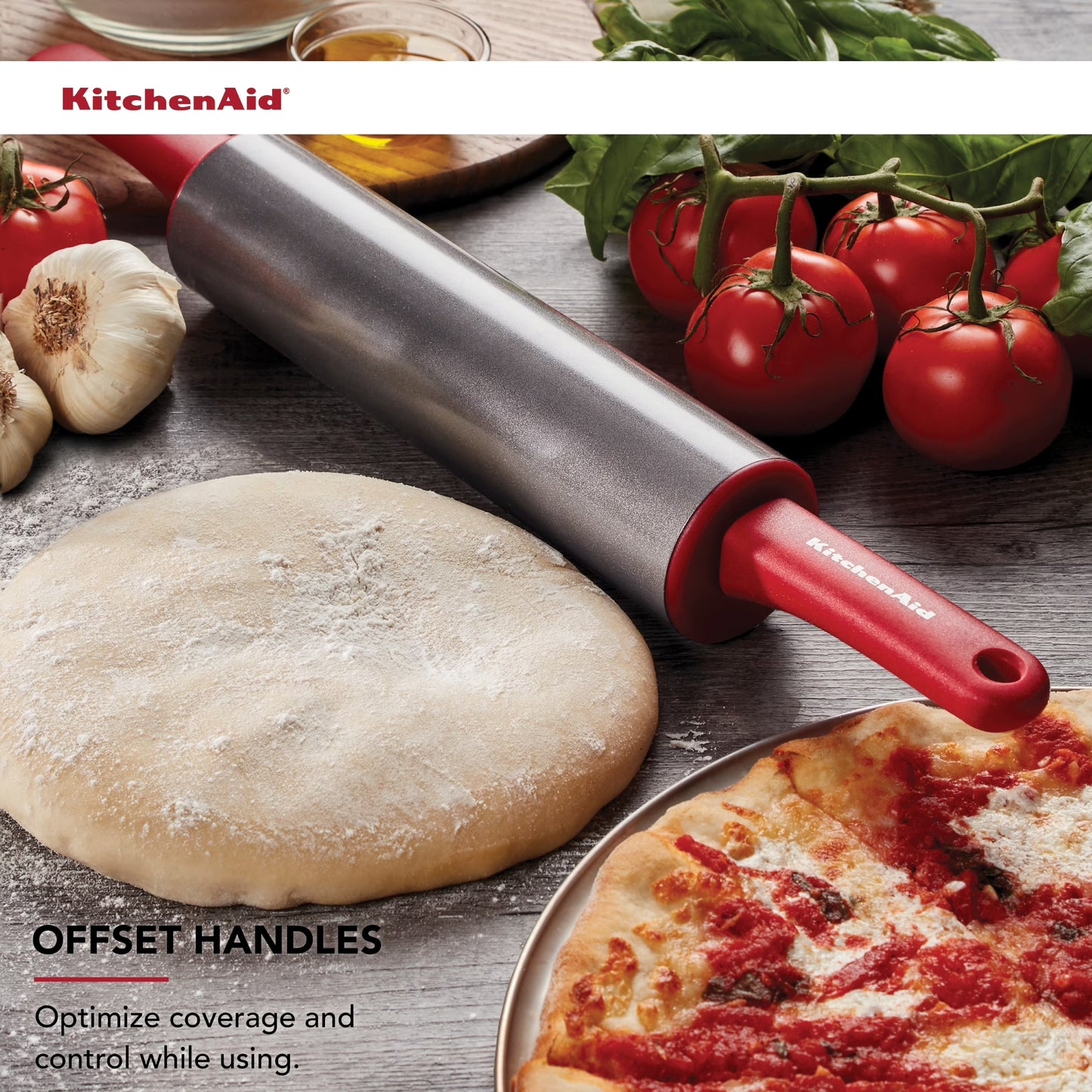 Durable Nonstick Rolling Pin in Red with Offset Handles