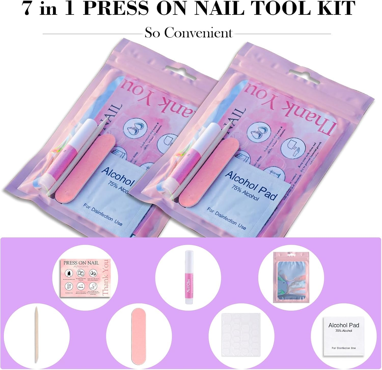 Disposable Nail Supplies Kits,Professional Manicure Press on Nail Tool Kit with Nail File,Adhesive Tabs,Nail Glue,Sticks, Prep Pads,Bags,Cards for Nail Business (140Pcs20Set-Pink)