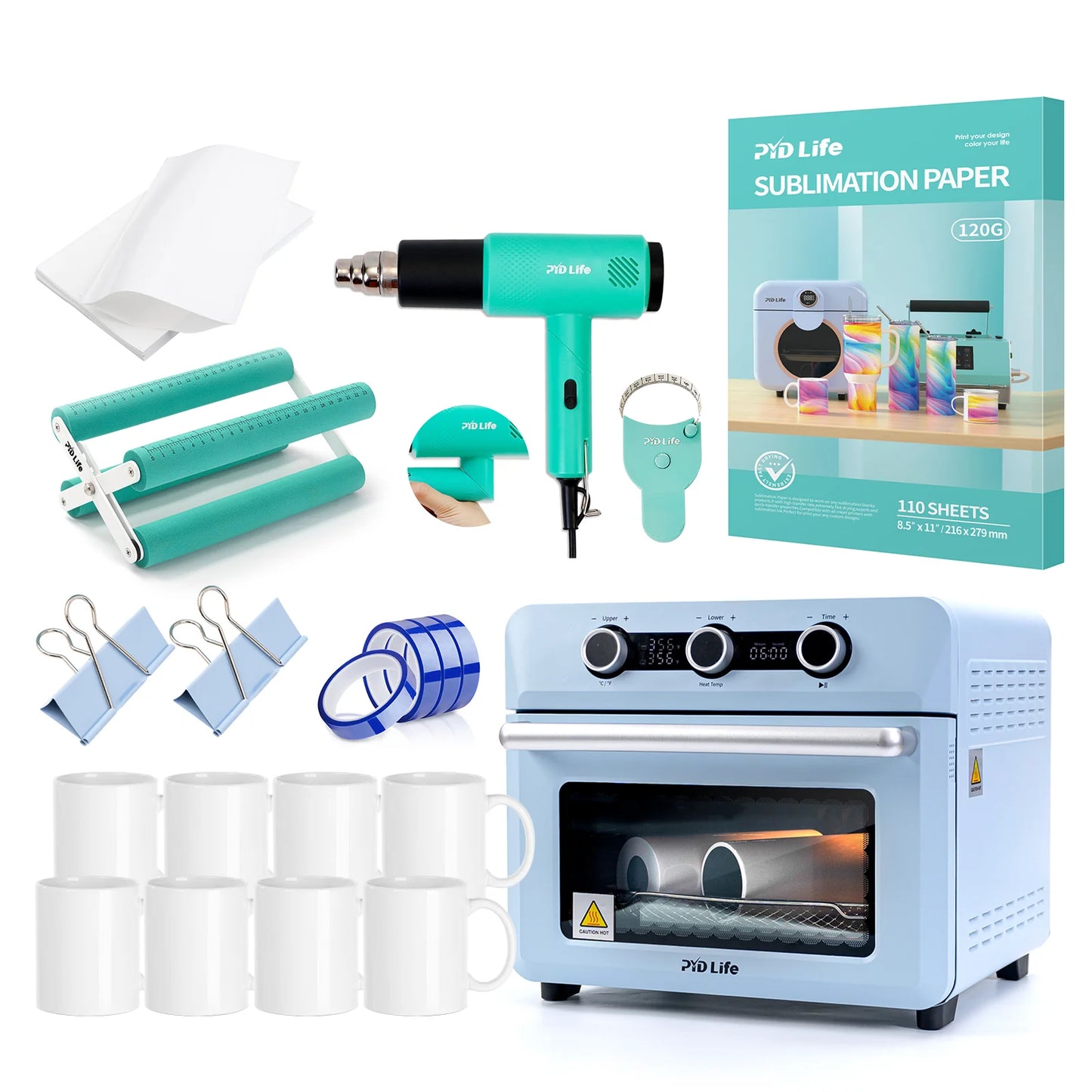 25 L Sublimation Oven Sublimation Starter Beginners Kits Bundle with 11 OZ Sublimation Mugs,Heat Tape,Heat Blower,Cup Cradle,Binder Clip,Y-Shaped Ruler,Sublimation Paper and Shrink Wrap Film