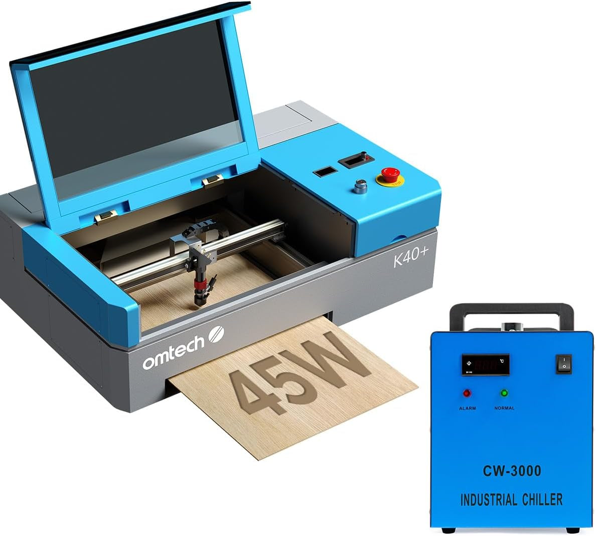 Omtech K40+ CO2 Laser Engraver with CW-3000 Water Chiller, 8"X12" 45W Desktop Laser Engraving Machine for Home Use, Lasergrbl Lightburn Compatible, Adjustable Laser Head Air Assist for Wood Glass More