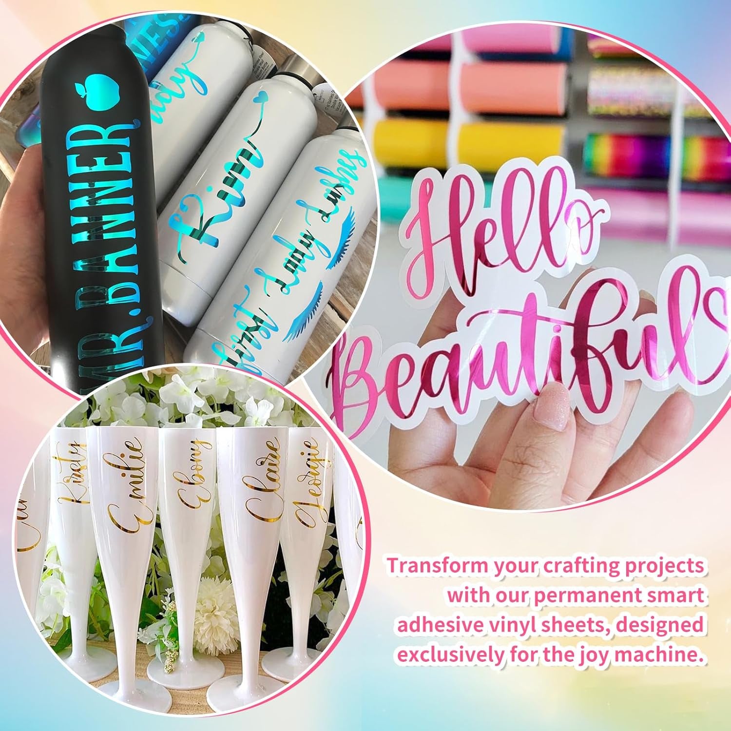 5.5"X12" Smart Adhesive Vinyl 25 Colors Holographic Chrome, Matte & Glossy Permanent Vinyl Bundle & 2 PCS Transfer Tape - No Need Cutting Mat- Compatible with Joy Machine for Handcrafts