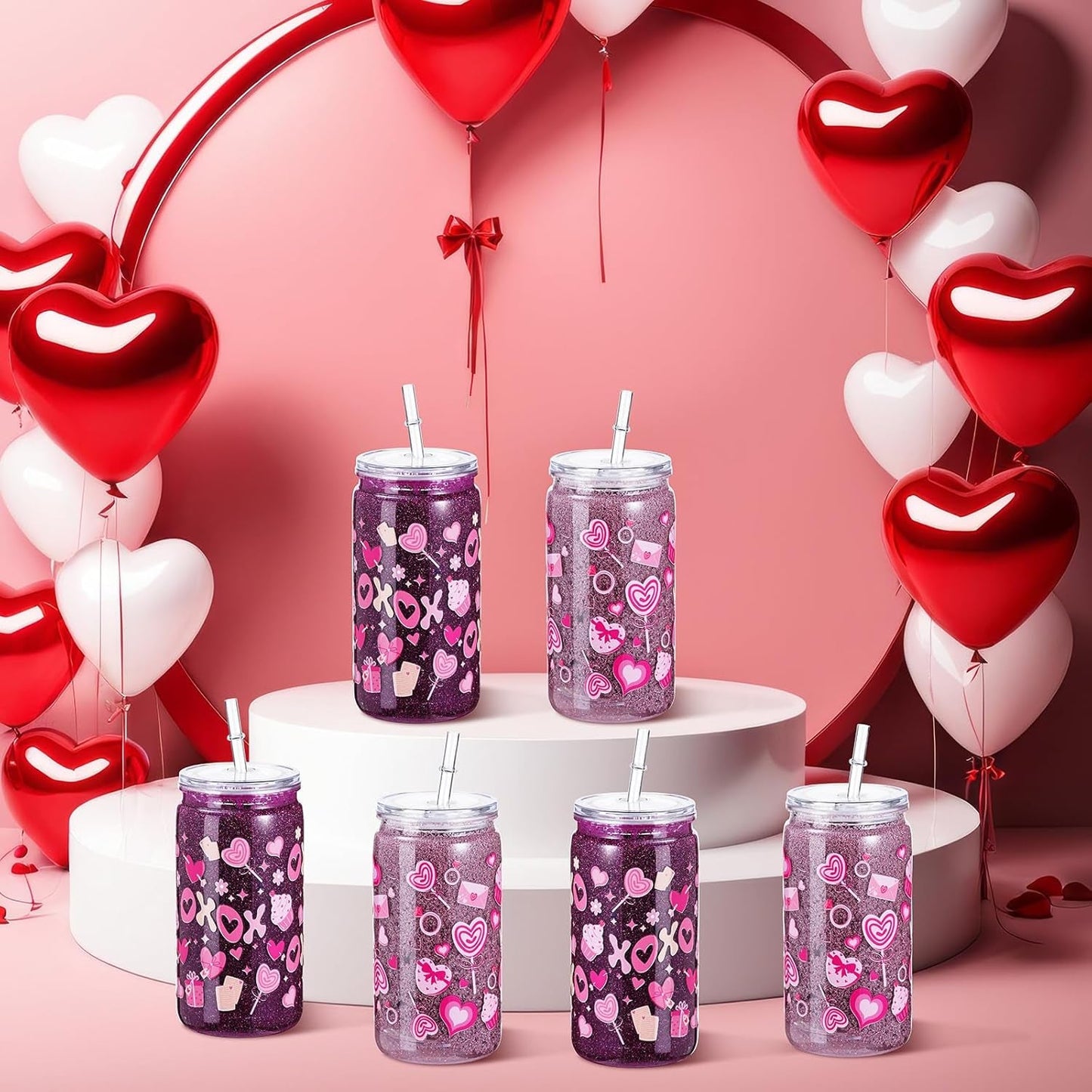 6 Pack Valentine'S Day DIY Snow Globe Tumbler Supplies Kits 16Oz Pre Drilled Double Wall Can Glitter Squeeze Bottle UV Resin Flashlight Pink Red Powder Stickers Valentine Making Tools for Starters