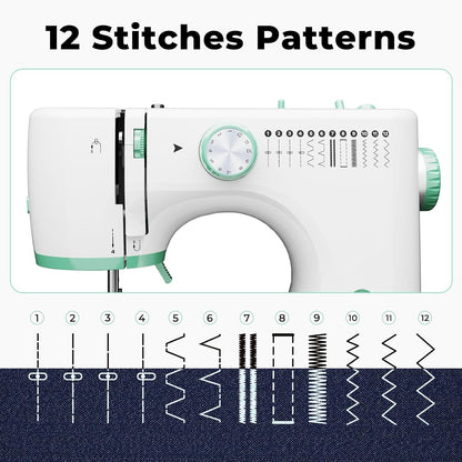 Rxmeili 12-Stitch Portable Sewing Machine for Beginners with 42-Piece Kit | Green Plug-In Mini Sewing Machine for Beginners, Reverse Sewing, 2-Speed, Foot Pedal, Light, Drawer for DIY Clothes & Crafts