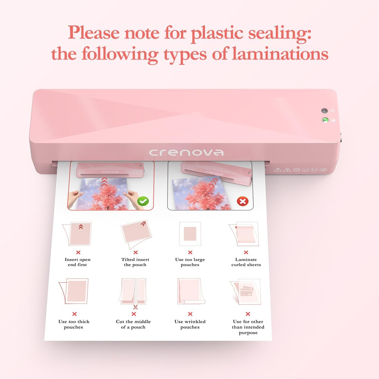 Crenova Laminator Machine with 10 Laminating Sheets, A4 Laminating Machine | Hot & Cold with Fast Warm Technology, Thermal Laminator 9 Inch for Home Office School Business Pink