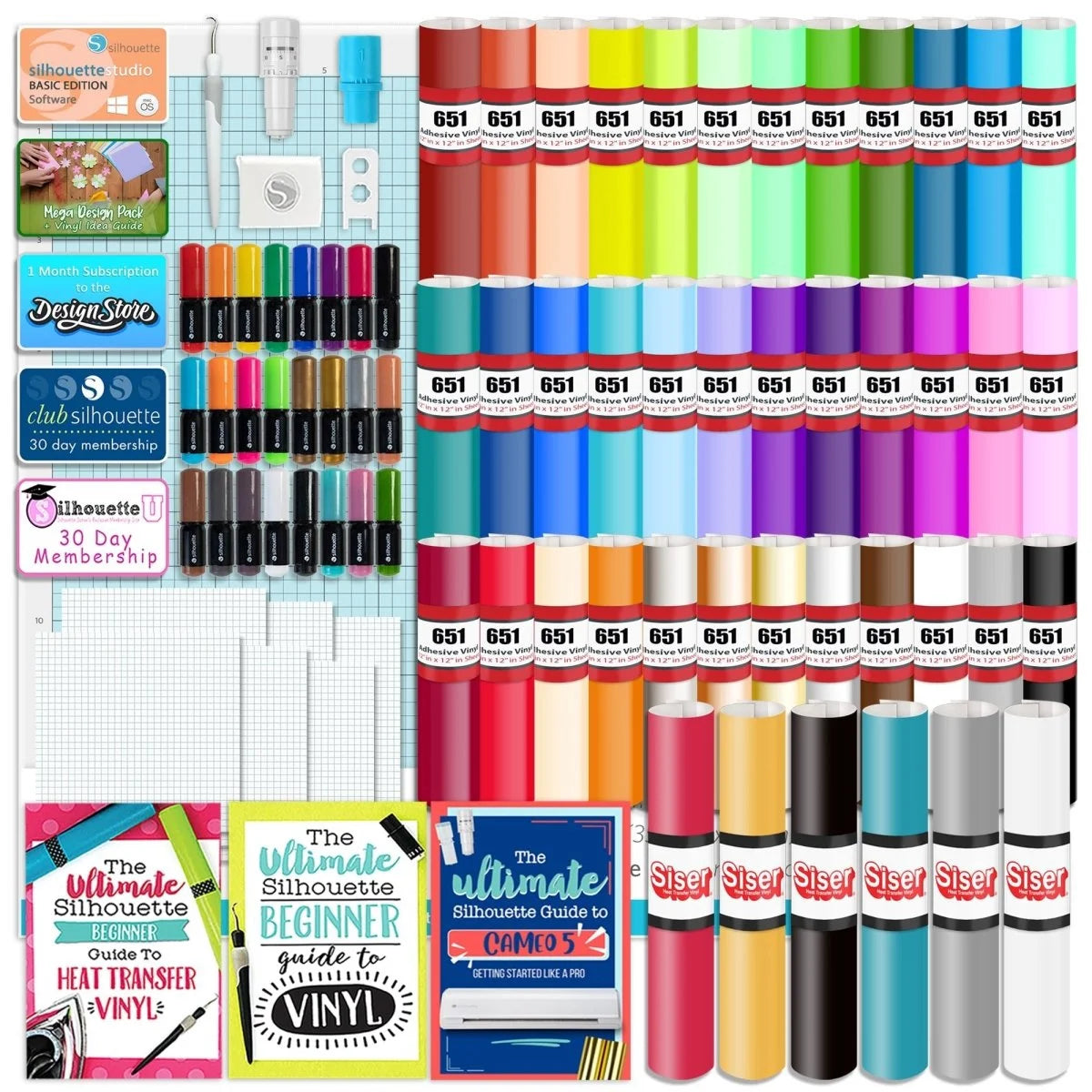 Silhouette Black Cameo 5Α Alpha W/ 38 Oracal Sheets, Siser HTV, Guides, 24 Pens