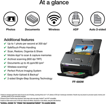 Epson Fastfoto FF-680W Wireless High-Speed Photo and Document Scanning System, Black