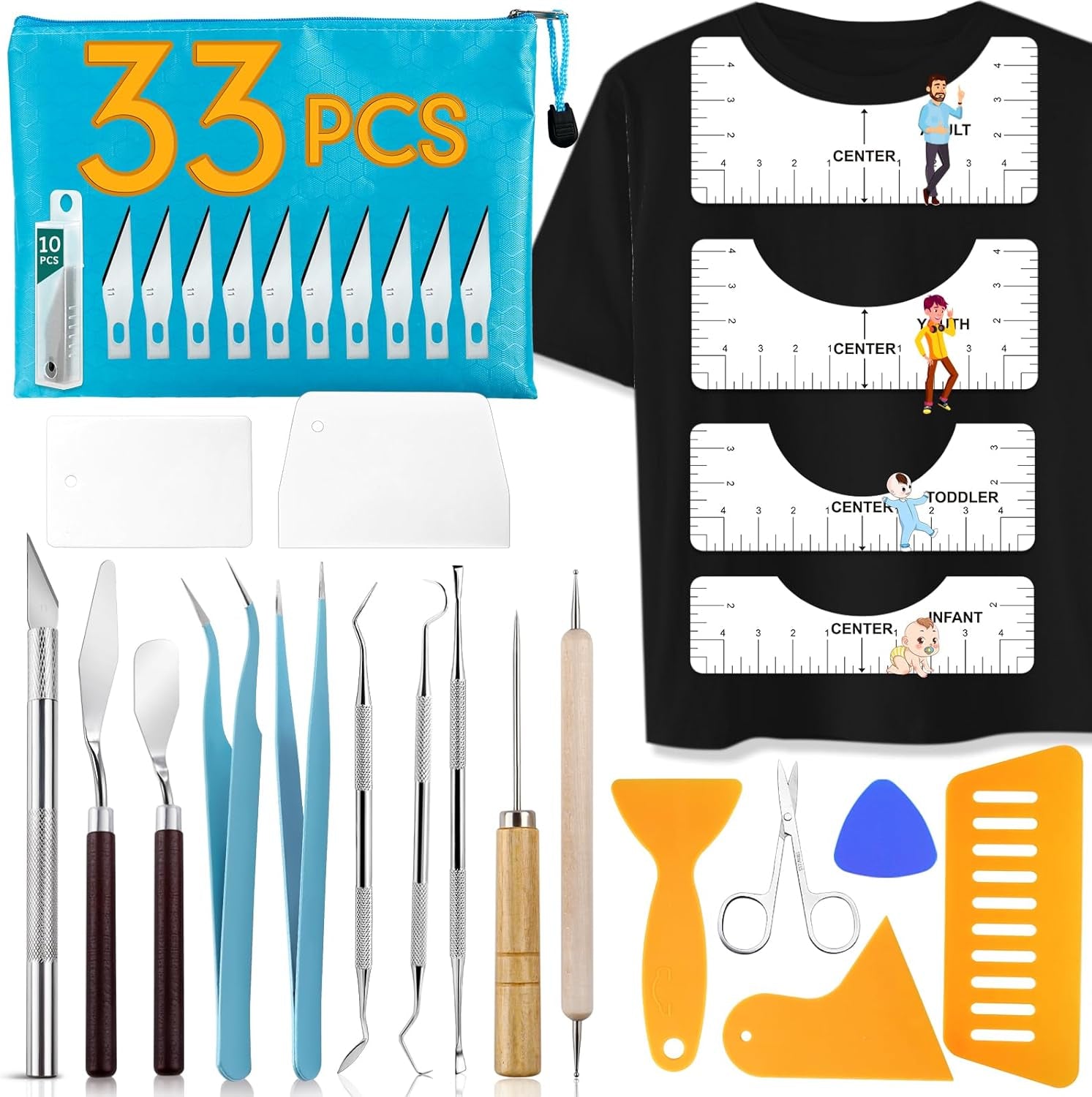 33Pcs Vinyl Weeding Tools with T-Shirt Ruler Guide, Craft Tools Set for DIY Heat Transfer Printing, Weeding Vinyl, Scrapbooking, Lettering, Cutting, Splicing.