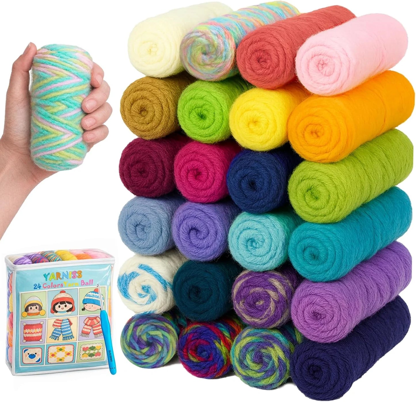 Yarniss Crochet Yarn Kits, 1312 Yards Acrylic Crochet Yarn for Crafts,24 Colors Knitting Yarn Skeins with 4.0Mm Crochet Hook