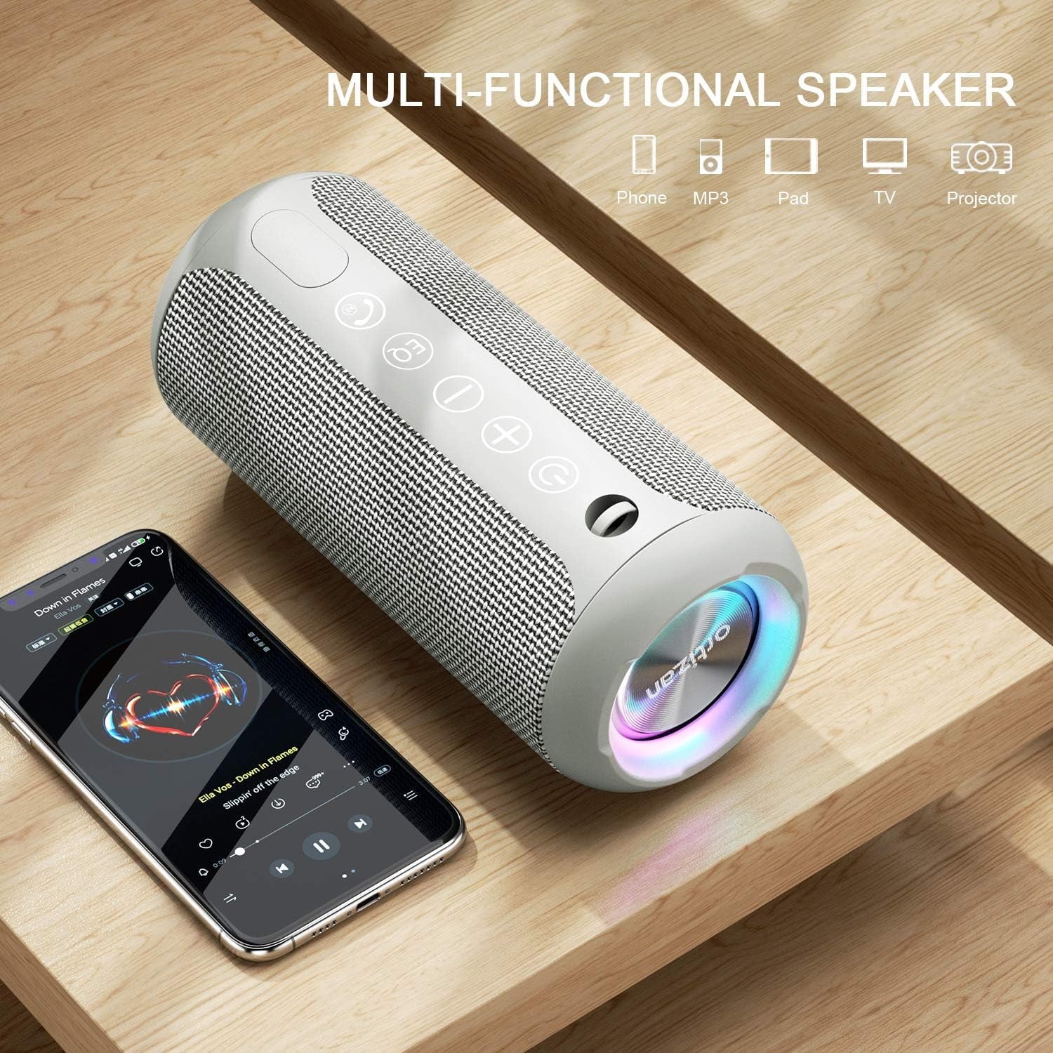 Wireless Portable Speaker,Ipx7 Waterproof Bluetooth Speaker, 24W Loud Stereo Sound, Bassboom Technology, TWS Pairing, Built-In Mic, 30H Playtime with Lights for Home Outdoor - Gray