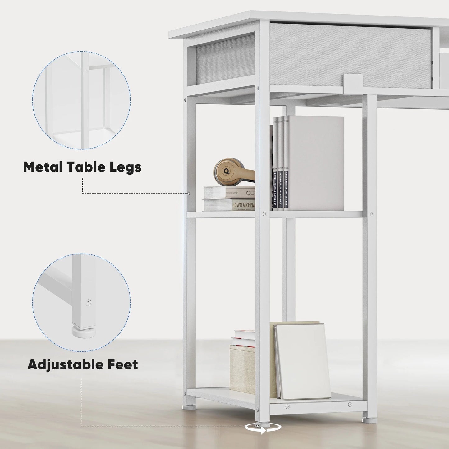 Small Desk Fabric Drawers & Storage Shelves, Home Office Computer Desk, Writing Desk Small Space Desk Study Table for Home, Bedroom, 48 Inch, White