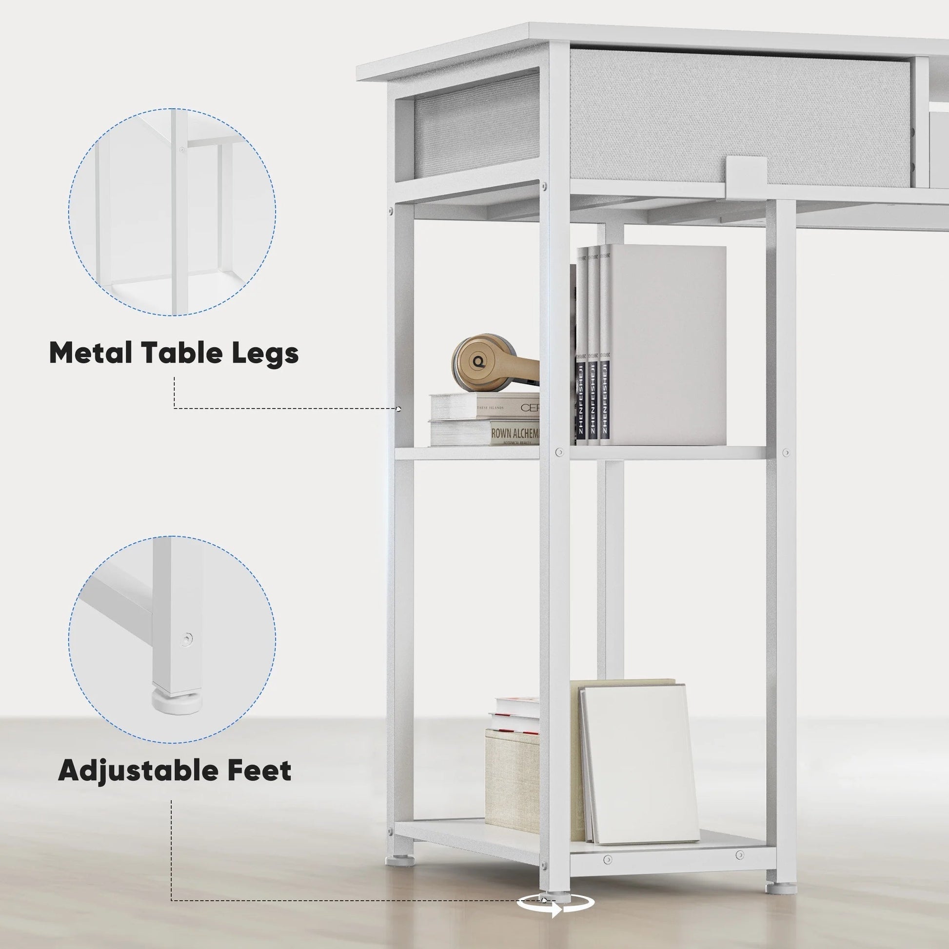 Small Desk Fabric Drawers & Storage Shelves, Home Office Computer Desk, Writing Desk Small Space Desk Study Table for Home, Bedroom, 48 Inch, White