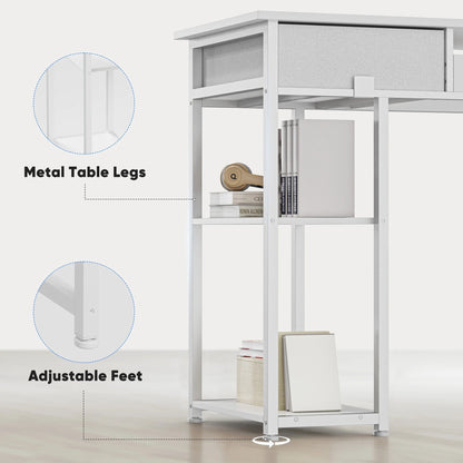 Small Desk Fabric Drawers & Storage Shelves, Home Office Computer Desk, Writing Desk Small Space Desk Study Table for Home, Bedroom, 48 Inch, White